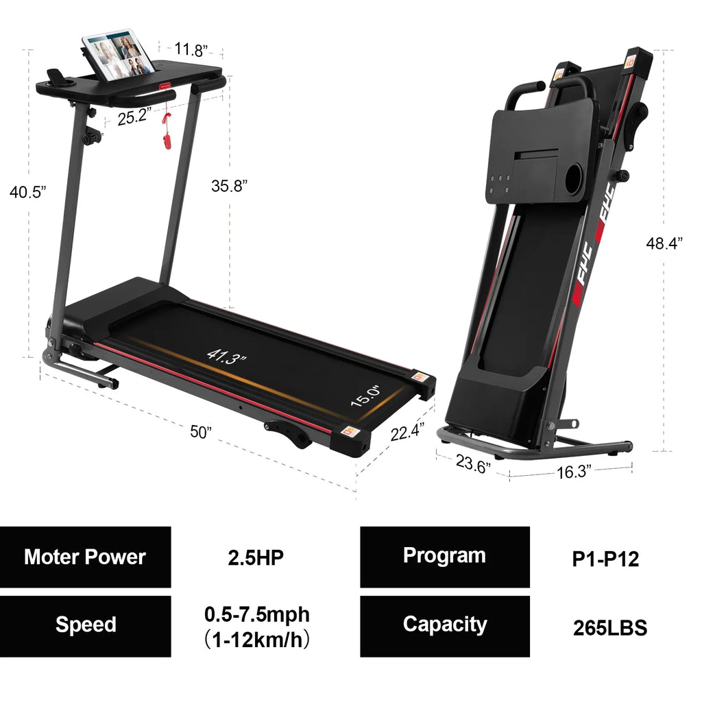 Folding Treadmill for Home with Desk - 2.5HP Compact Electric Treadmill for Running and Walking Foldable Portable Running Machine for Small Spaces Workout, 265LBS Weight Capacity