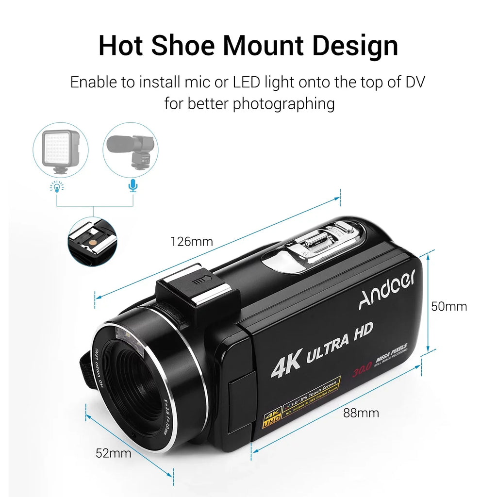 Andoer-2 Video Camera,Video Camera 4K Handheld  3.0 Inch  Camera 3.0 Inch  Monitor Burst  Professional Video Function Inch  Monitor