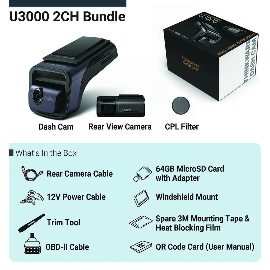 U3000 Ultra 4K Dash Cam Front and Rear 2CH  2 Sensor Super Night Vision Dashcam for Car Camera 5GHZ WiFi  Radar Buffered Parking Mode  Seed Red Light Alerts  Cable