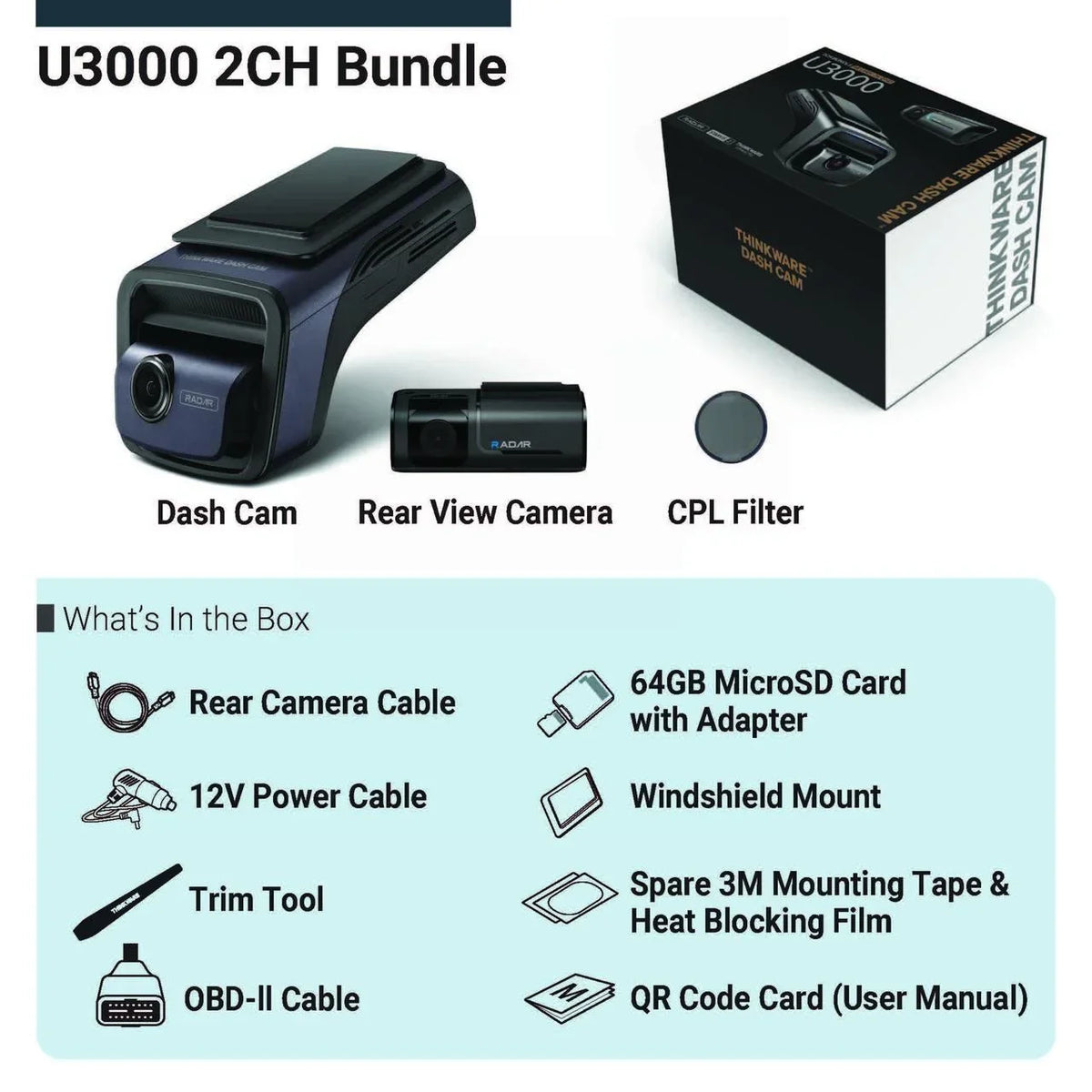 U3000 Ultra 4K Dash Cam Front and Rear 2CH  2 Sensor Super Night Vision Dashcam for Car Camera 5GHZ WiFi  Radar Buffered Parking Mode  Seed Red Light Alerts  Cable