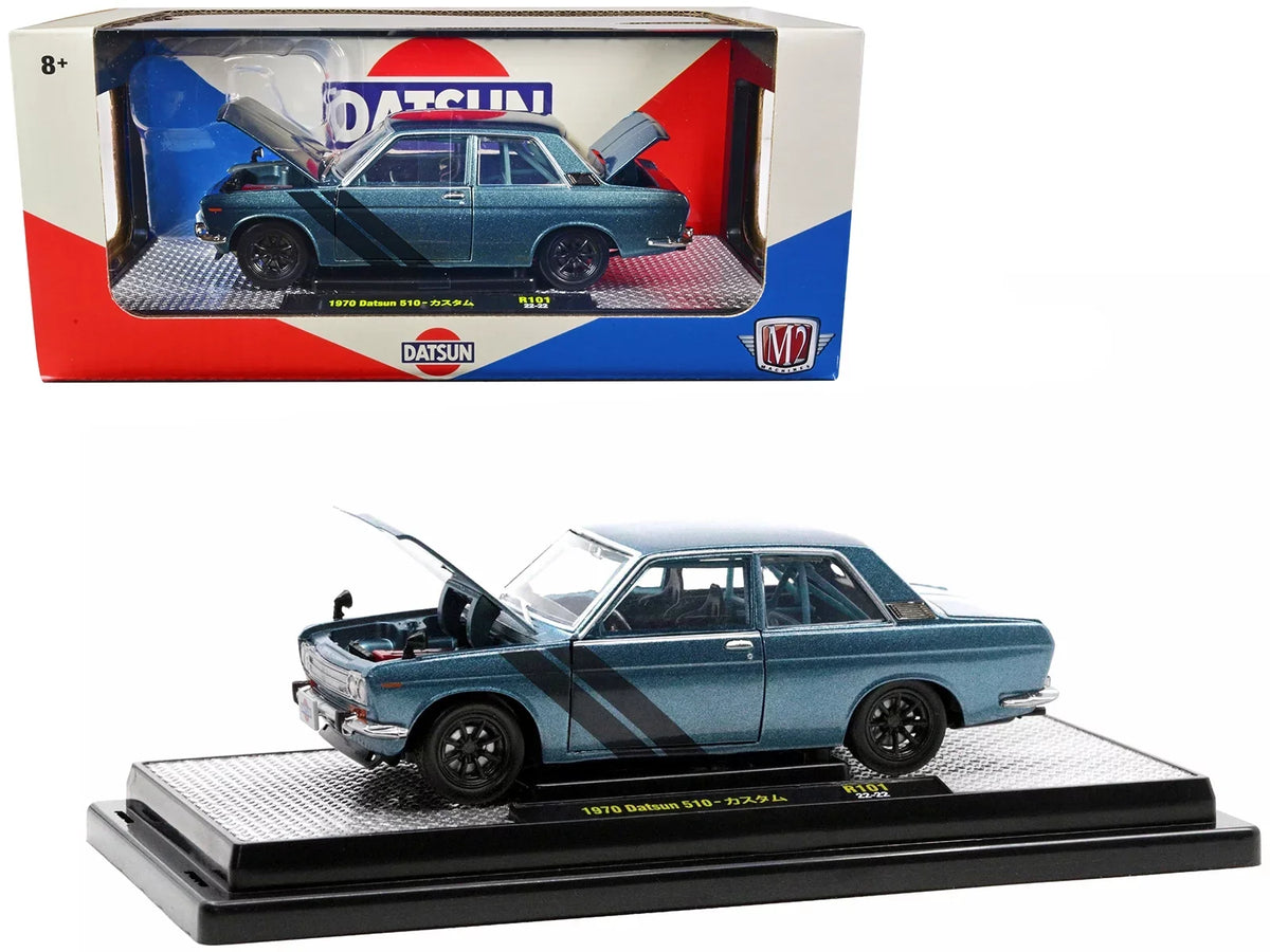 Diecast 1970 Datsun 510 Blue Metallic with Dark Blue Stripes Limited Edition to 3850 pieces Worldwide 1/24 Diecast Model Car by M2 Machines