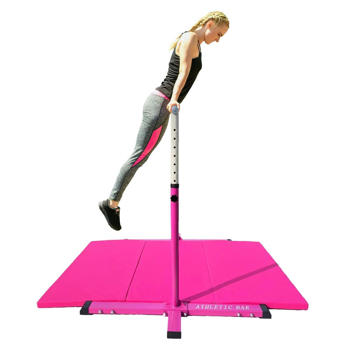 Athletic Bar Expandable Gymnastics Kip Bar for Kids with 6’x4’ Gymnastics Mat and Cushioned Handrail, Height Adjustable 3 to 5  Horizontal Bar, Gymnastic Bar for Junior Gymnasts Training Bar Pink