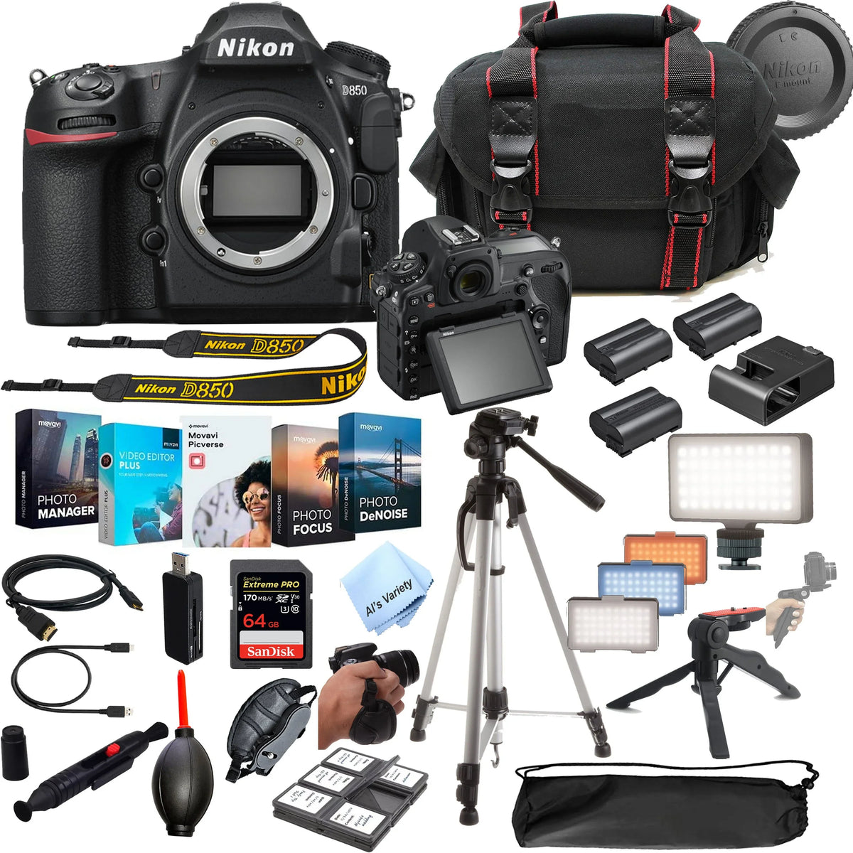 Nikon D850  Camera 45.7  Body No Lens- 64GB Extreme Speed Card,  Always on Light, Tripod,Gripod, Case, and More 30pc Video Bundle
