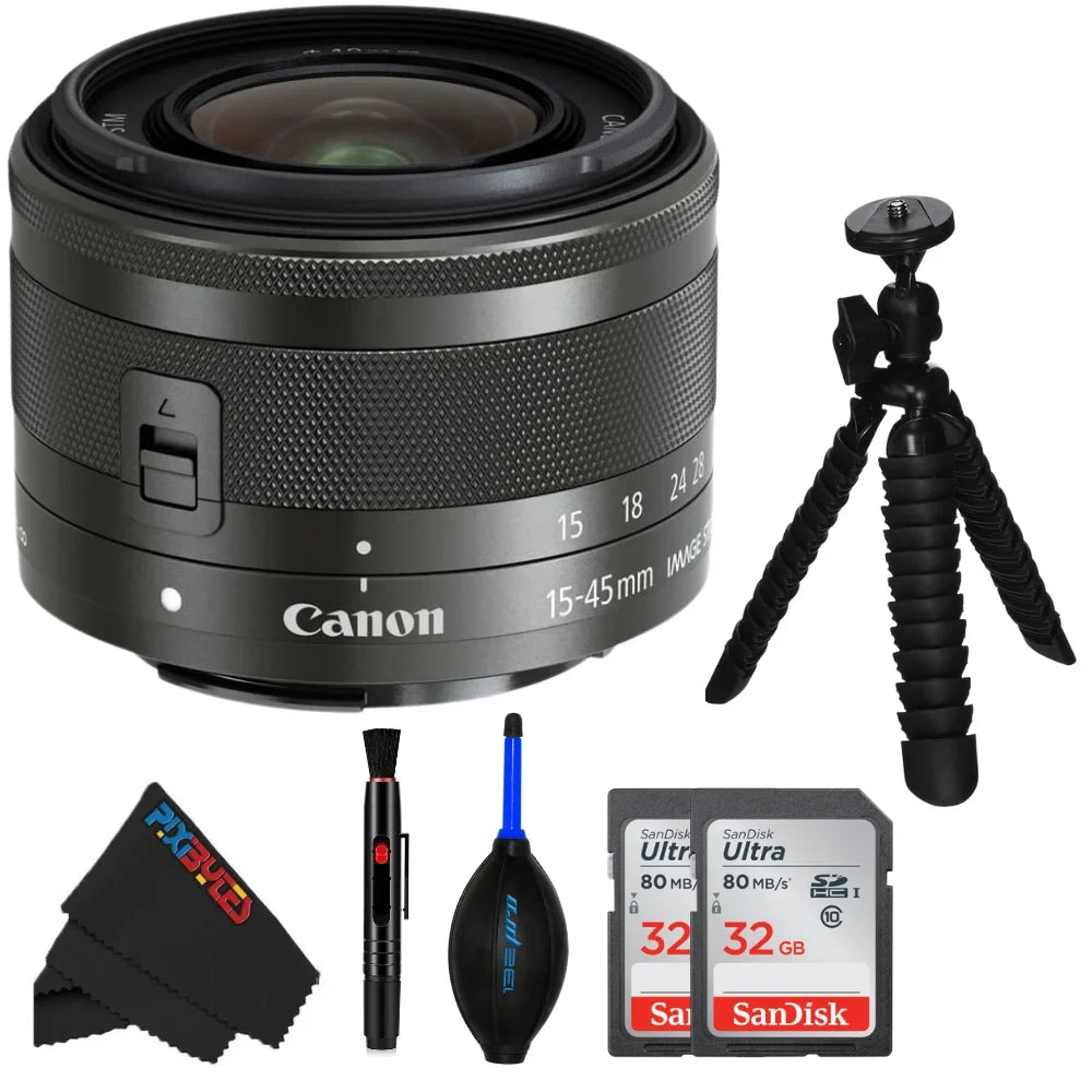 Canon -M 15-45mm f/3.5-6.3   Lens (Graphite) - PixiBytes Basic Bundle