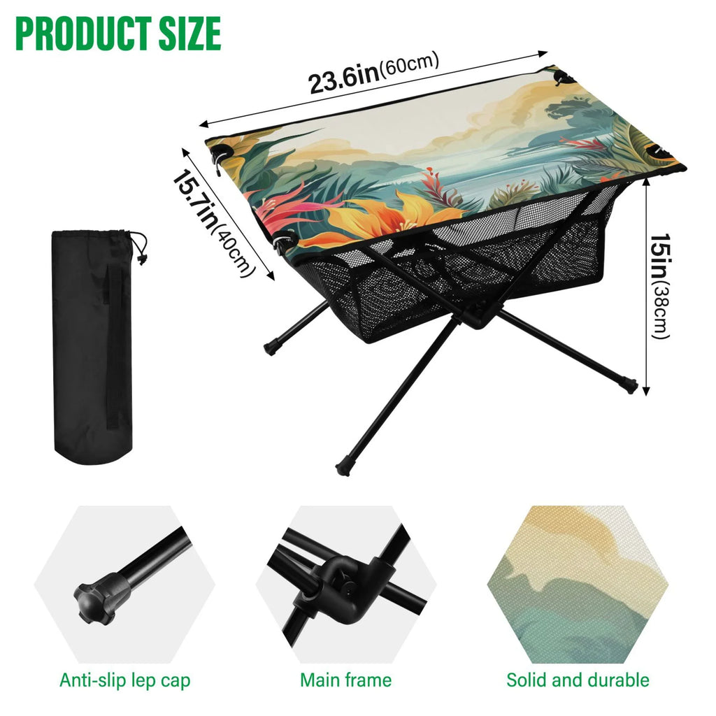 Palm Leaves Landscape Camping Folding Table Portable Beach Table with Storage Bag Compact Picnic Table for Outdoor Travel Fishing