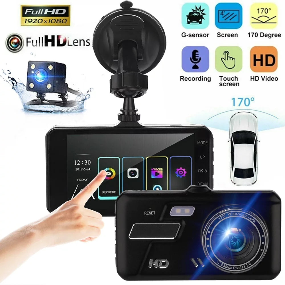 4" 1080P  Touch Screen Dash Cam Dual Lens Car  170° Front and Rear Camera Dashboard, Camera Recorder with G-Sensor
