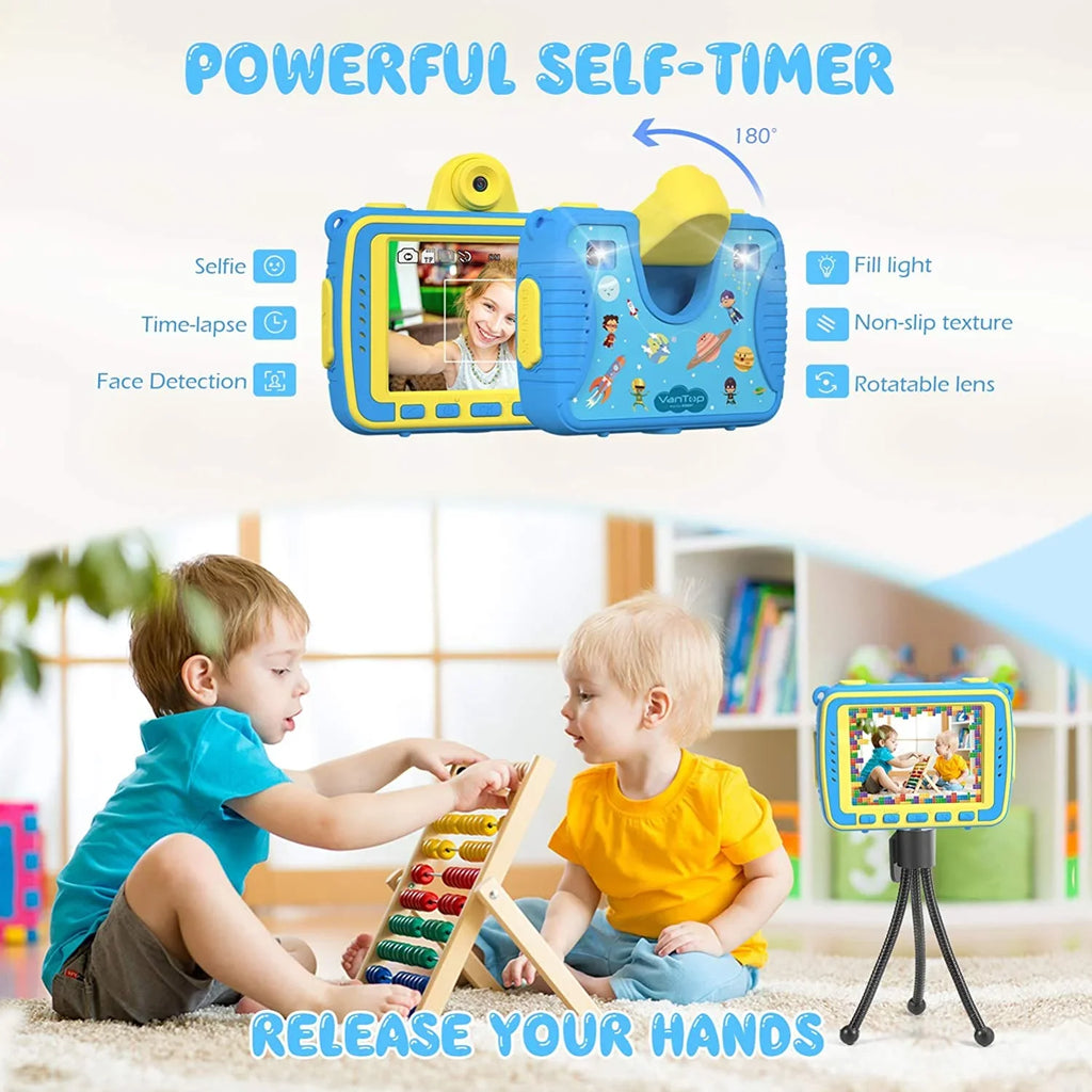 VanTop Junior K8 Kids Camera with 32GB Memory Card, Selfie 1080P Supported Waterproof Video Camera / 8MP 2.4 inch Large Screen, Fill Light, Face Recognition, 4 Games, Extra Kid-Proof Silicon Case Blue