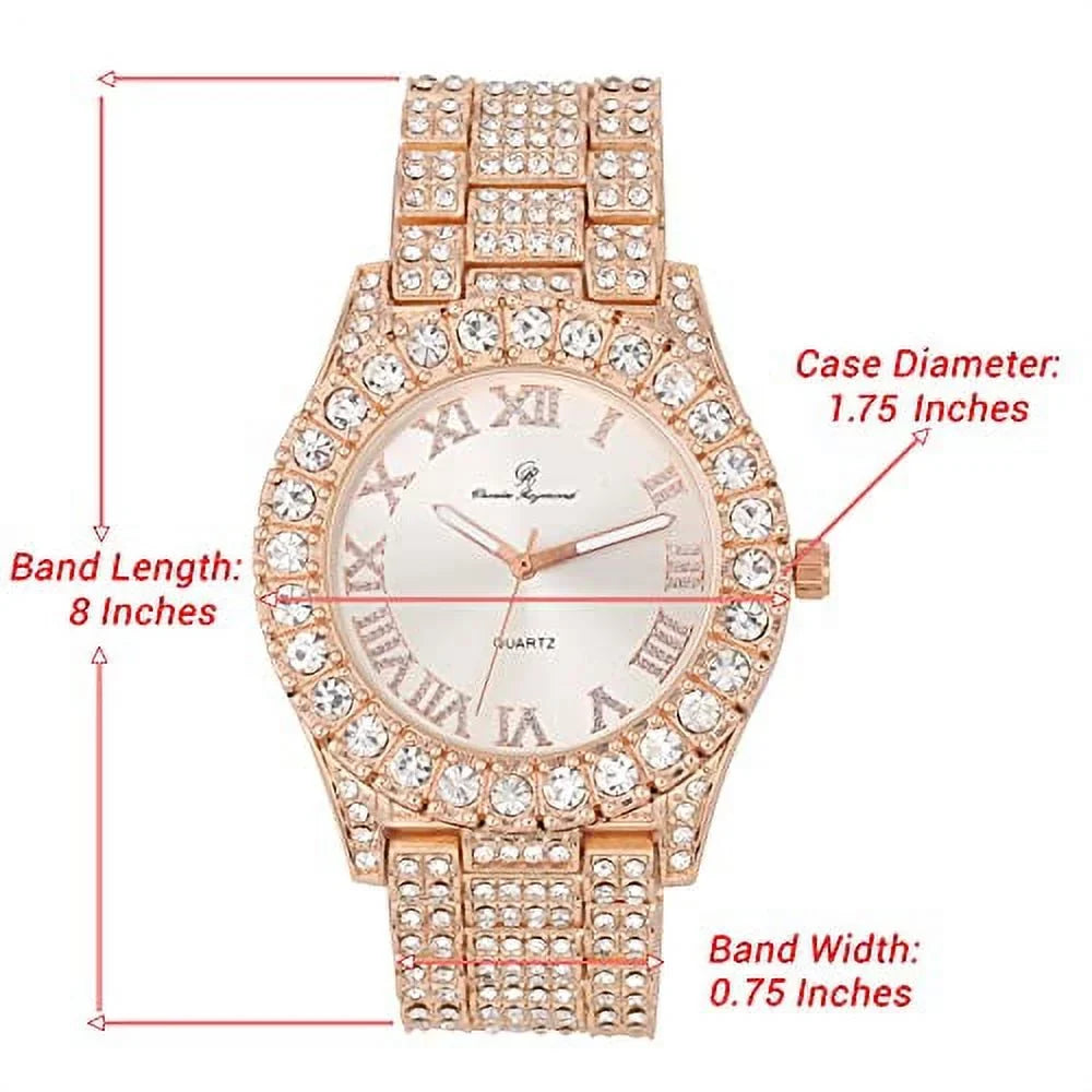 Charles Raymond Mens Silver Big Rocks with Roman Numerals Fully Iced Out Colorful Dial Wristwatch w/Blinged Out Cuban Shiny Silver Bracelet - ST10327  Cuban (Rose Gold)