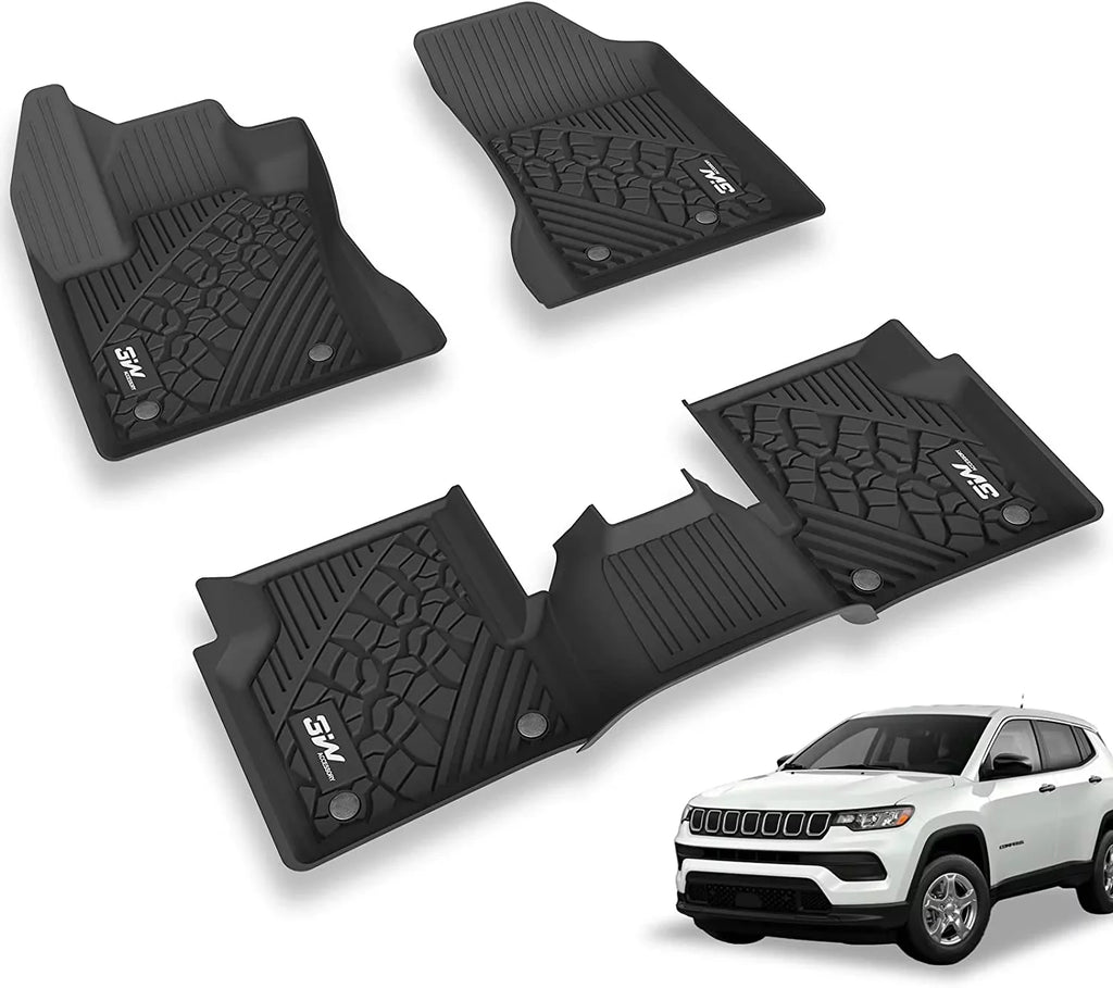 3W Floor Mats for Jeep Compass 2017-2023 Full Set Front and Rear 2 Rows seat Floor Liner with All Weather Odorless  (New Body Style Only), Black