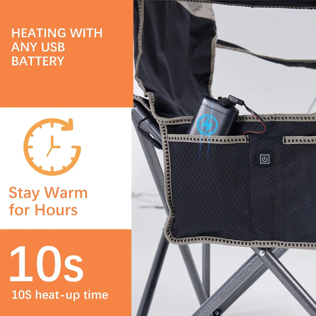 M8TRX Outdoors Heated Camping Chair, Portable Chair w/ 5000mAH Power Bank, 3 Heat Levels,  Charging Port, Black