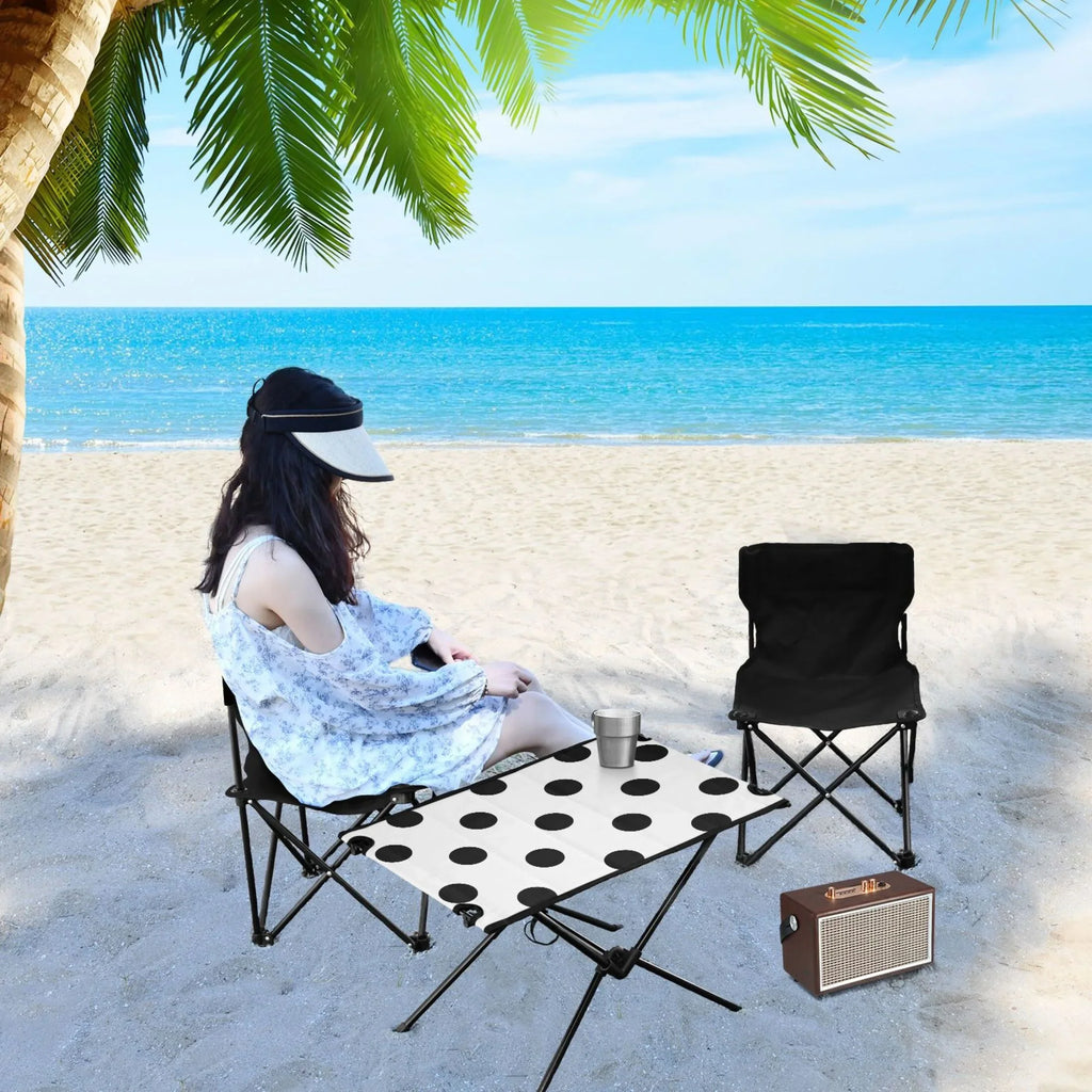 Black Polka Dots Camping Foldable Portable Table Beach Table with Storage Bag Compact Picnic Table for Outdoor Hiking Fishing
