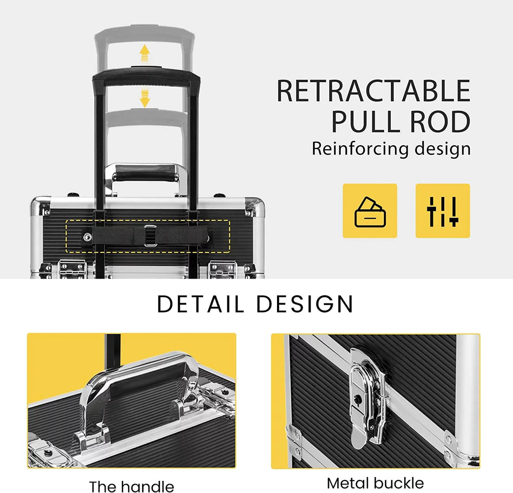 4 in 1 Makeup Rolling Train Case Aluminum Trolley Professional Cosmetic Organizer Box with Shoulder Straps 2 Keys Black(Cosmetic are not included)
