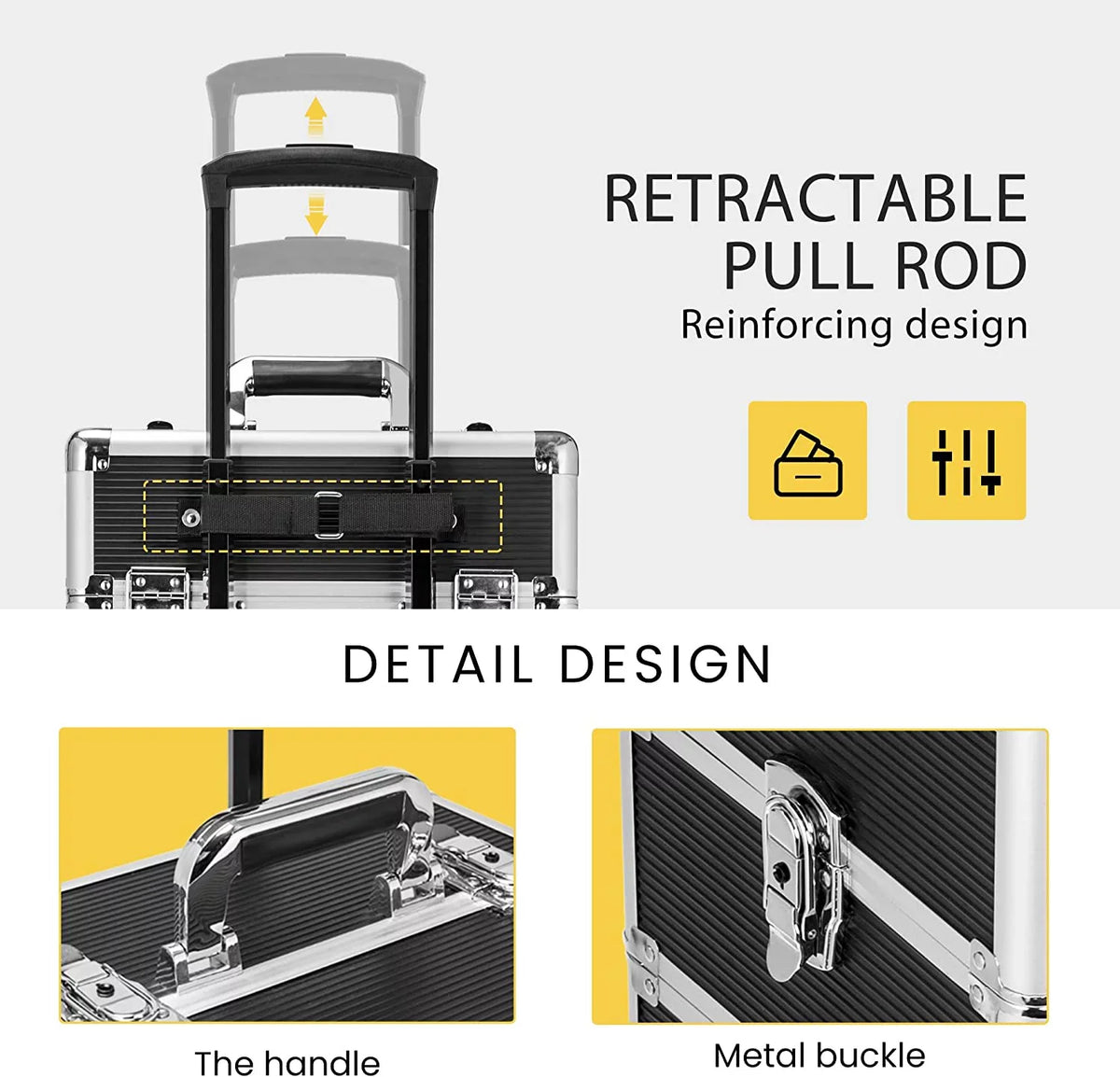 4 in 1 Makeup Rolling Train Case Aluminum Trolley Professional Cosmetic Organizer Box with Shoulder Straps 2 Keys Black(Cosmetic are not included)