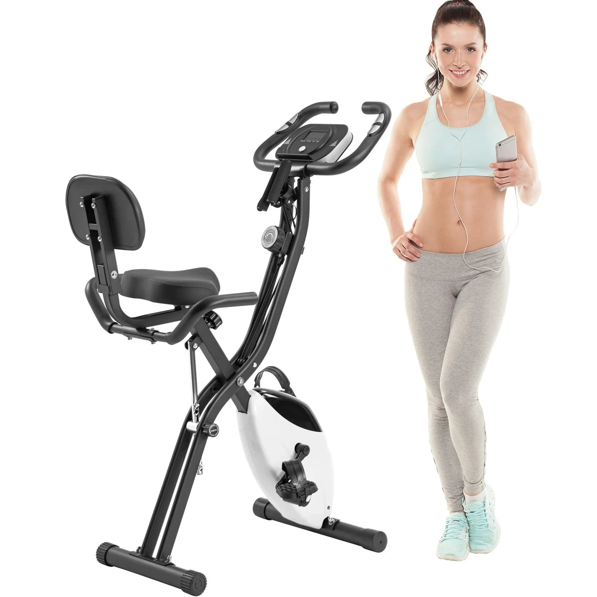 Folding Fitness X-Bike with 10-Level Adjustable Resistance, Arm Bands Black