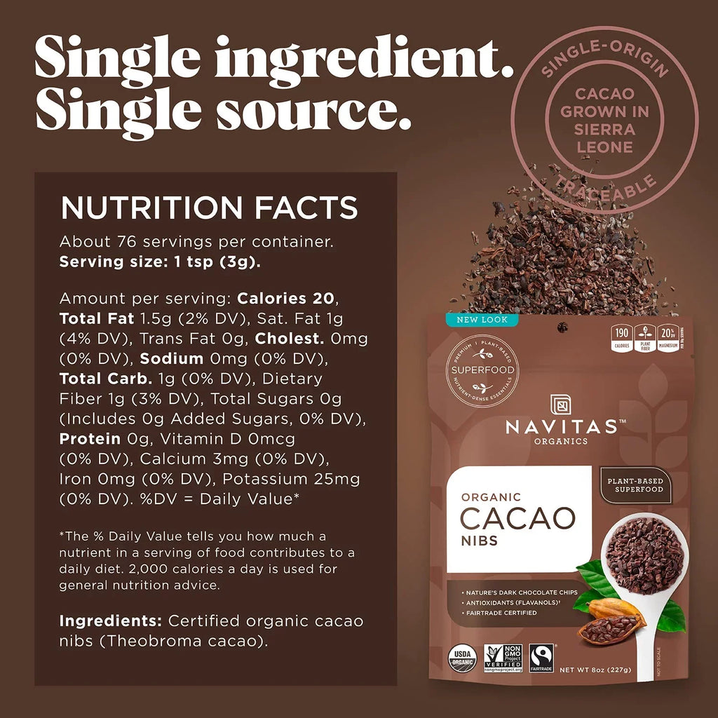 (Pack of 1) Navitas Organics Raw Cacao Nibs 8 oz. Bag 8 Servings Organic Non- Fair Trade Gluten-Free