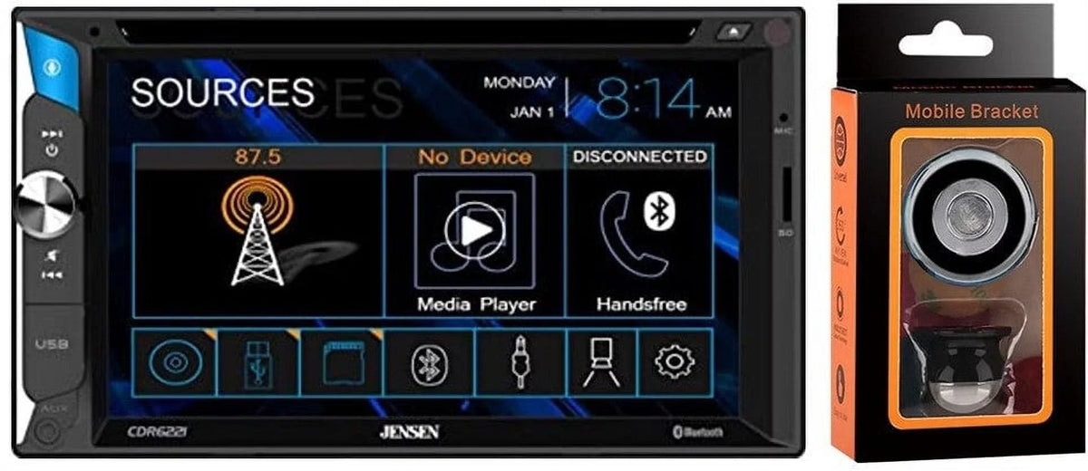 Jensen CDR6221 6.2" Touchscreen  Multimedia Car Receiver with Bluetooth, Front  Input, Back-up Camera Input with Absolute Magnet Phone Holder Bundle