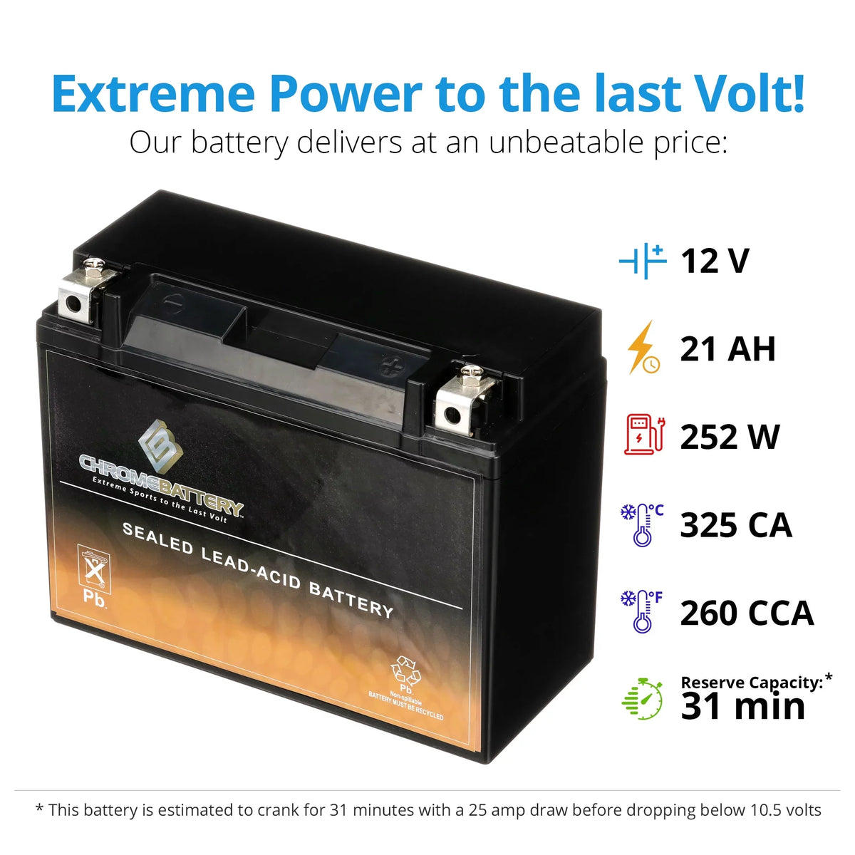 Chrome Battery Y50-n18l-a3 (50-n18l-a3 12 Volts,20 Ah, 260 Cca) High Performance - Maintenance Free - Sealed  Motorcycle Battery