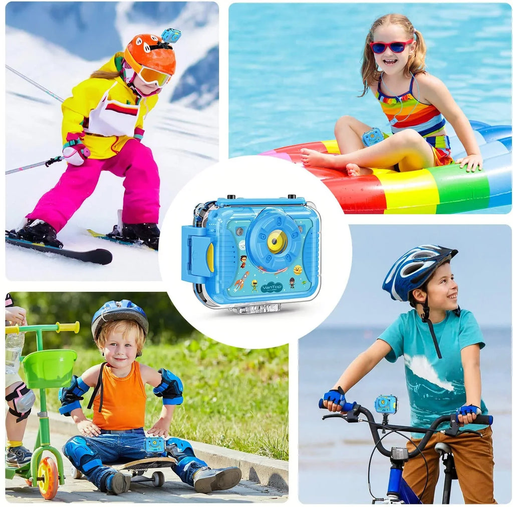 VanTop Junior K8 Kids Camera with 32GB Memory Card, Selfie 1080P Supported Waterproof Video Camera / 8MP 2.4 inch Large Screen, Fill Light, Face Recognition, 4 Games, Extra Kid-Proof Silicon Case Blue