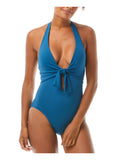 Women's Teal Stretch Knot-Front Tie Removable Cups Moderate Coverage Deep V Neck Halter One Piece Swimsuit 4
