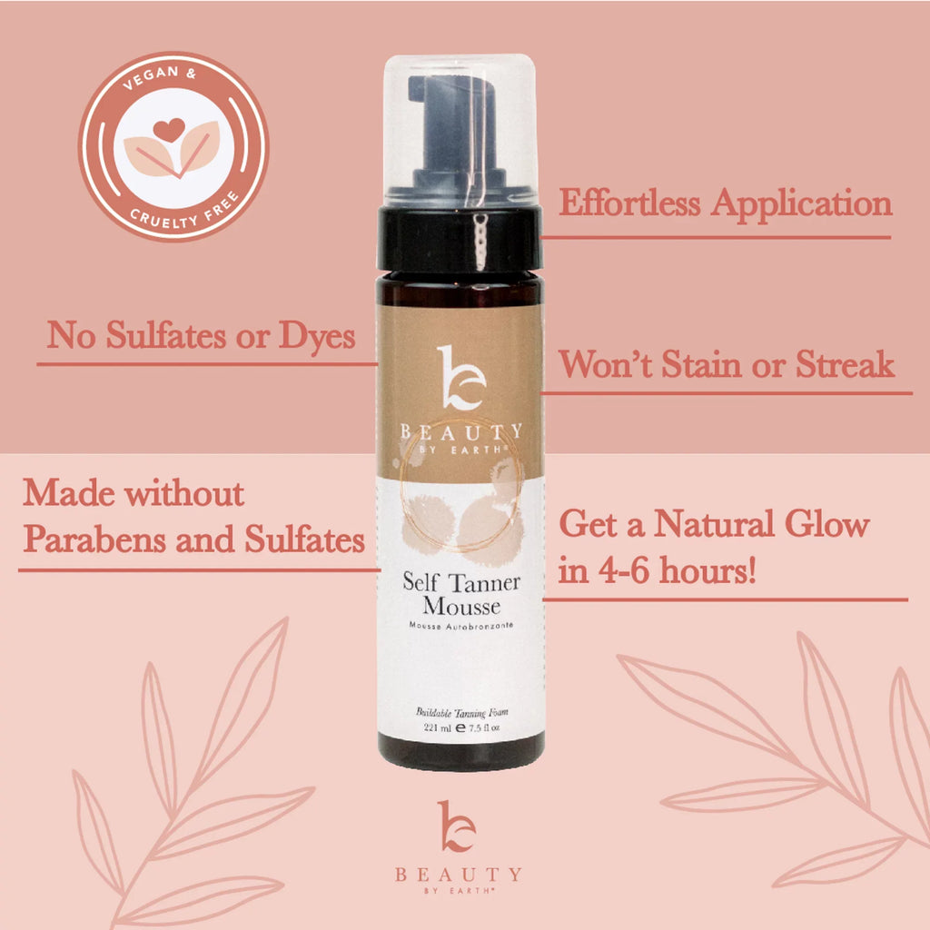 Beauty by Earth Self Tanner Mousse - With Organic Botanical & Hyaluronic Acid, Gradual Tanning Foam Self Tanning Mousse for a Bronzer Self Tan, Dye Free, Vegan &  Made (7.5 oz, Medium to Dark)