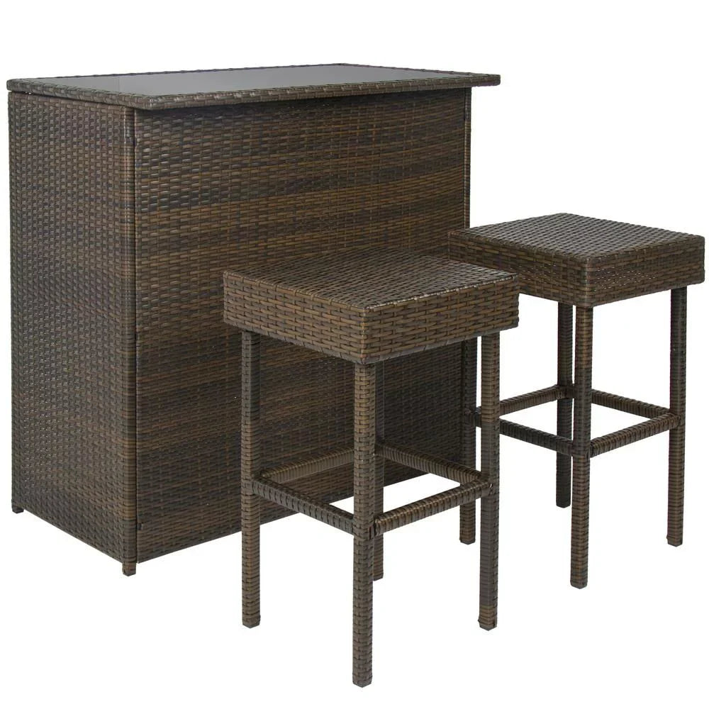 Outdoor 3-Piece  Wicker Bar Set with Table and Stools