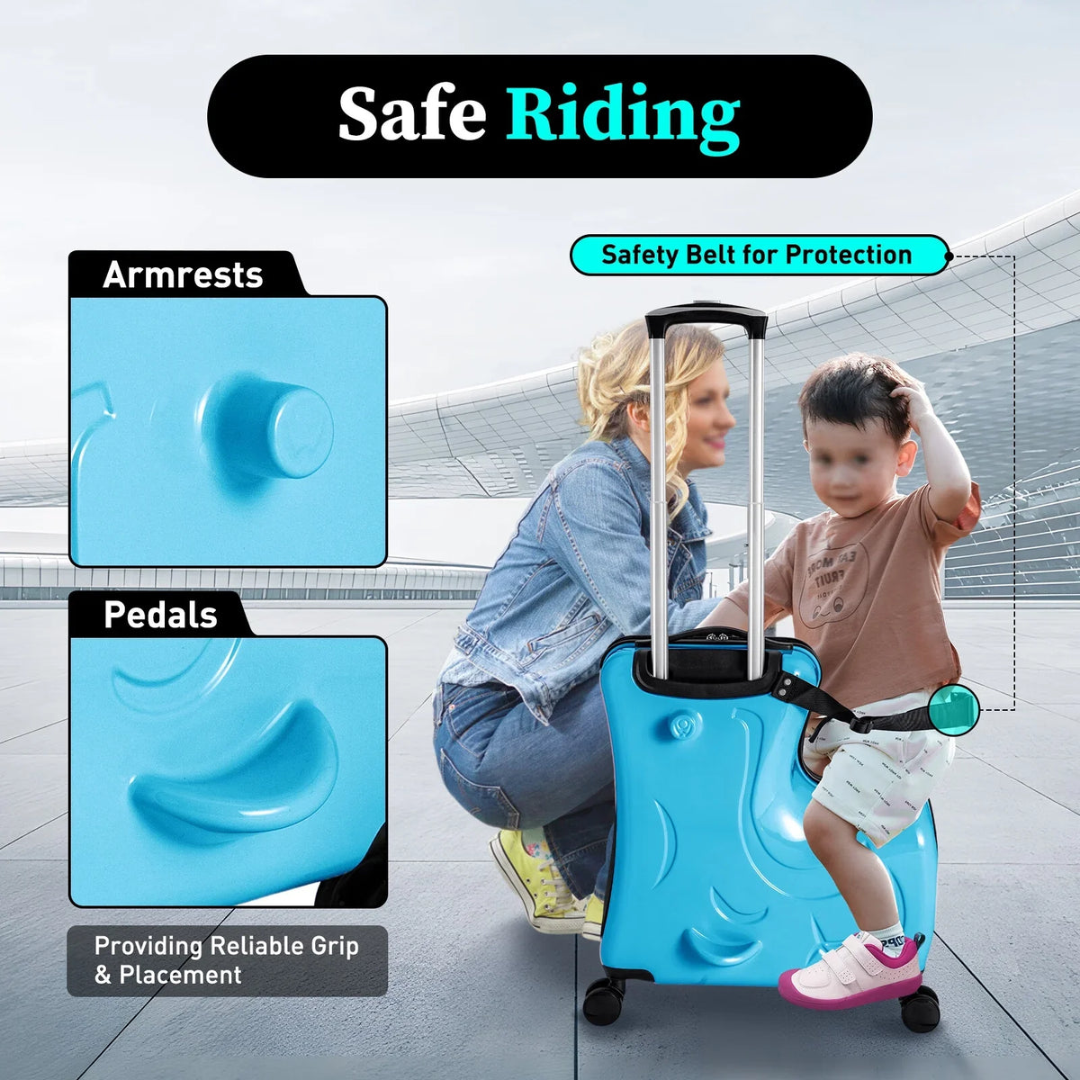 20" Kids Ride On Suitcase, Portable Spinner Wheels Trolley Luggage Blue Horse Shape Kids Travel Suitcase
