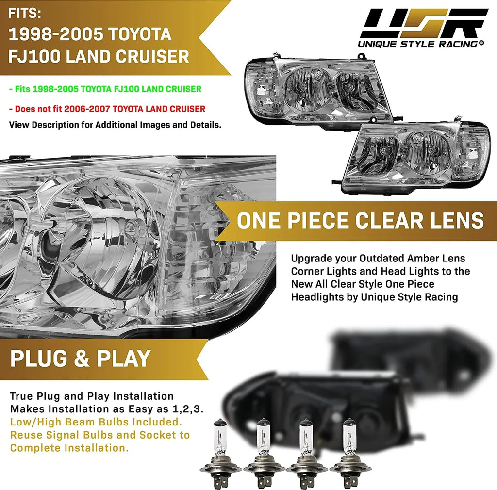 FJ100 Headlights - Headlamps Set (Left + Right) Compatible with 1998-2005 Toyota Land Cruiser  100 (Euro Style with Clear Corner  Piece Design)