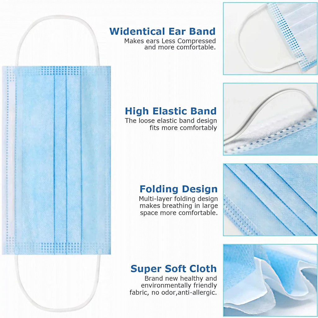 1000Pcs  Made Disposable Face Masks Blue, 3-Ply Breathable Protective Masks