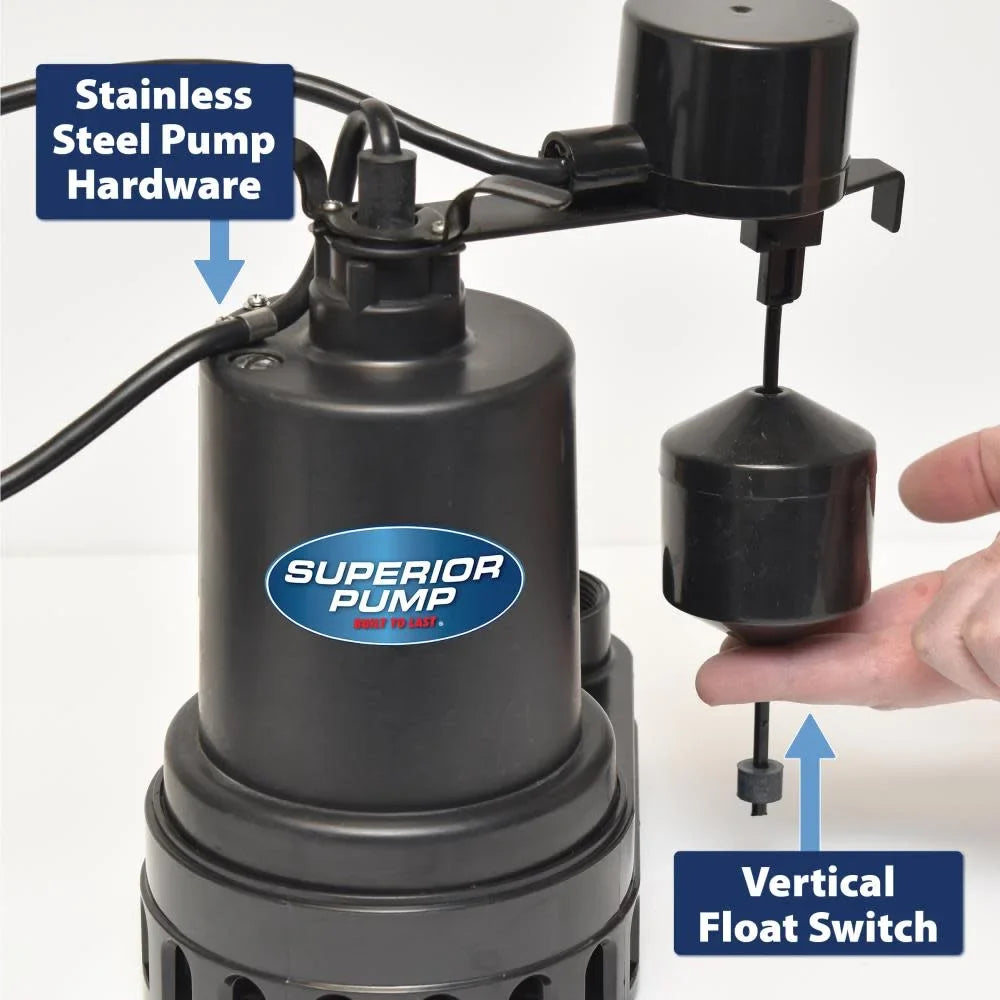 Superior Pump 92572 1/2  Thermoplastic Submersible Water Sump Pump with Vertical Float Switch, Black