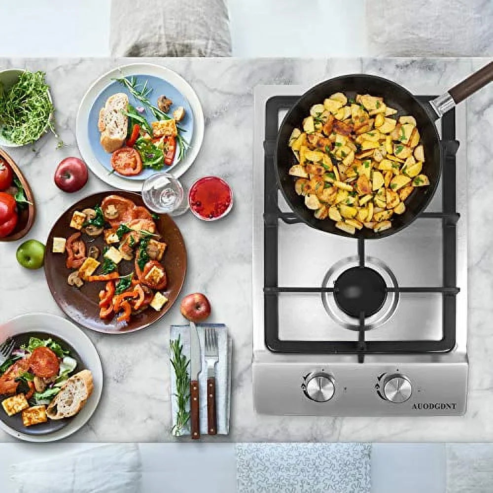Gas Stove Gas Cooktop 2 Burners,12 Inches Portable Stainless Steel Built-in Gas Hob / Dual Fuel Easy to Clean for RVs, Apartments, Outdoor