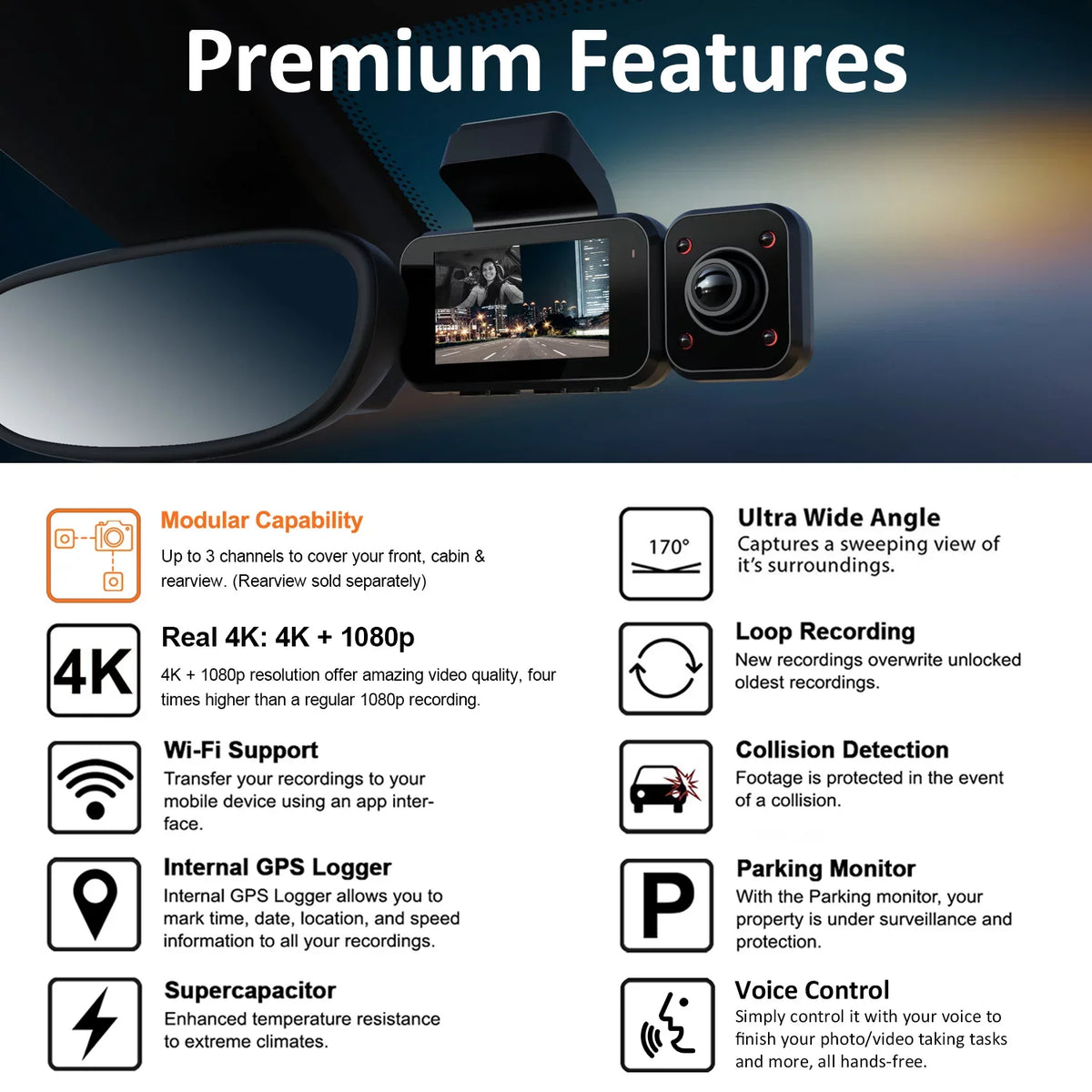 V5C Dash Cam Front 4K & 1080p Cabin Camera w/ Modular Capabilities, Wi-Fi, and