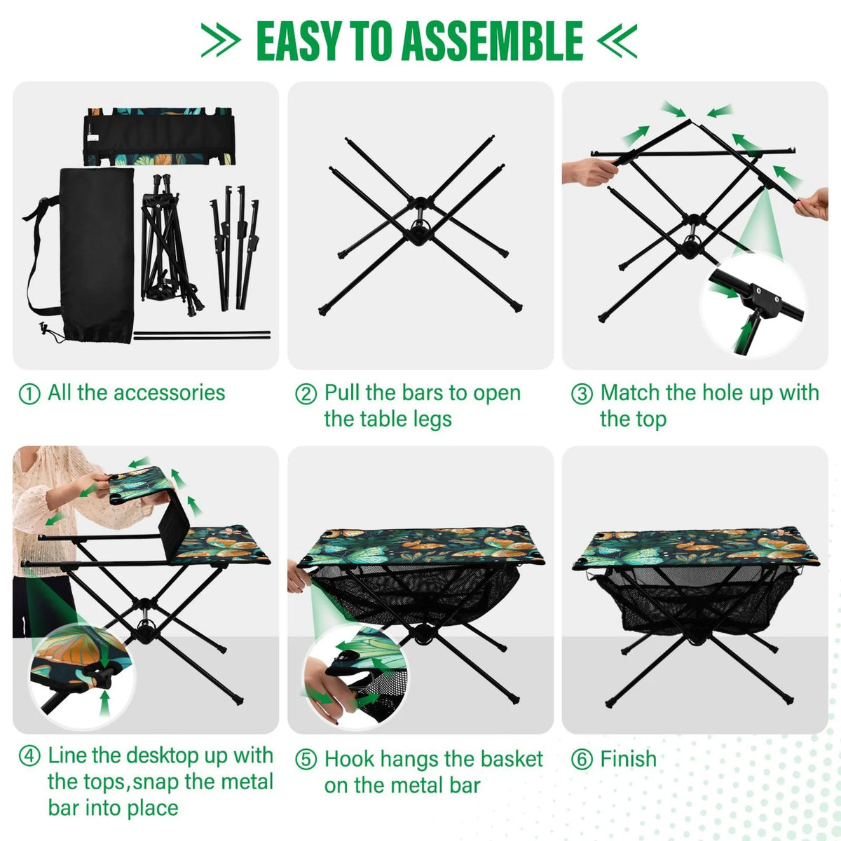 Butterfly Floral Leave Camping Folding Table Portable Beach Table with Storage Bag Compact Picnic Table for Outdoor Travel Fishing