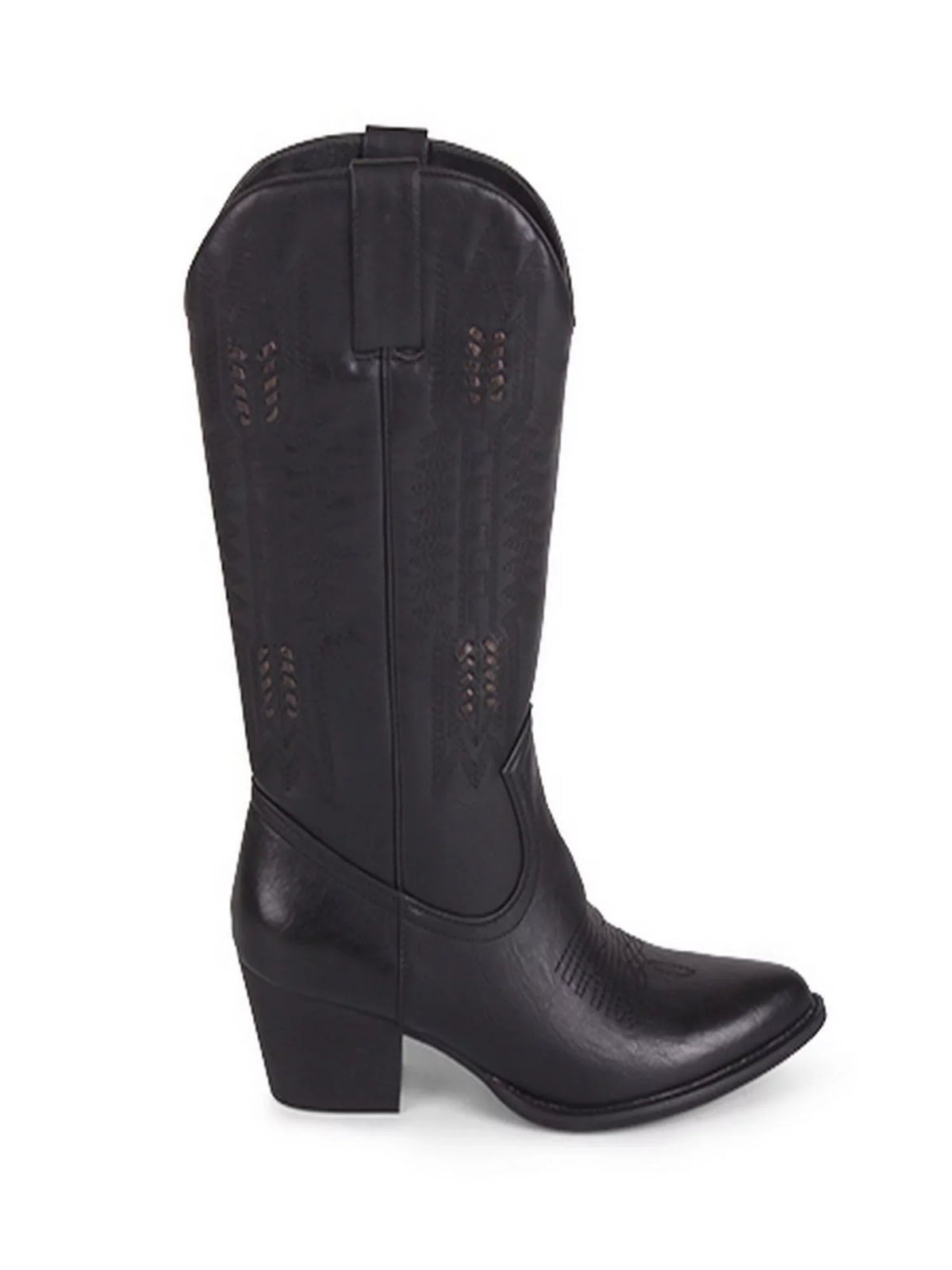 Womens Black Whip-Stitch Detailing Pull Tabs Woven Padded Texan Pointed Toe Block Heel Western Boot 8.5