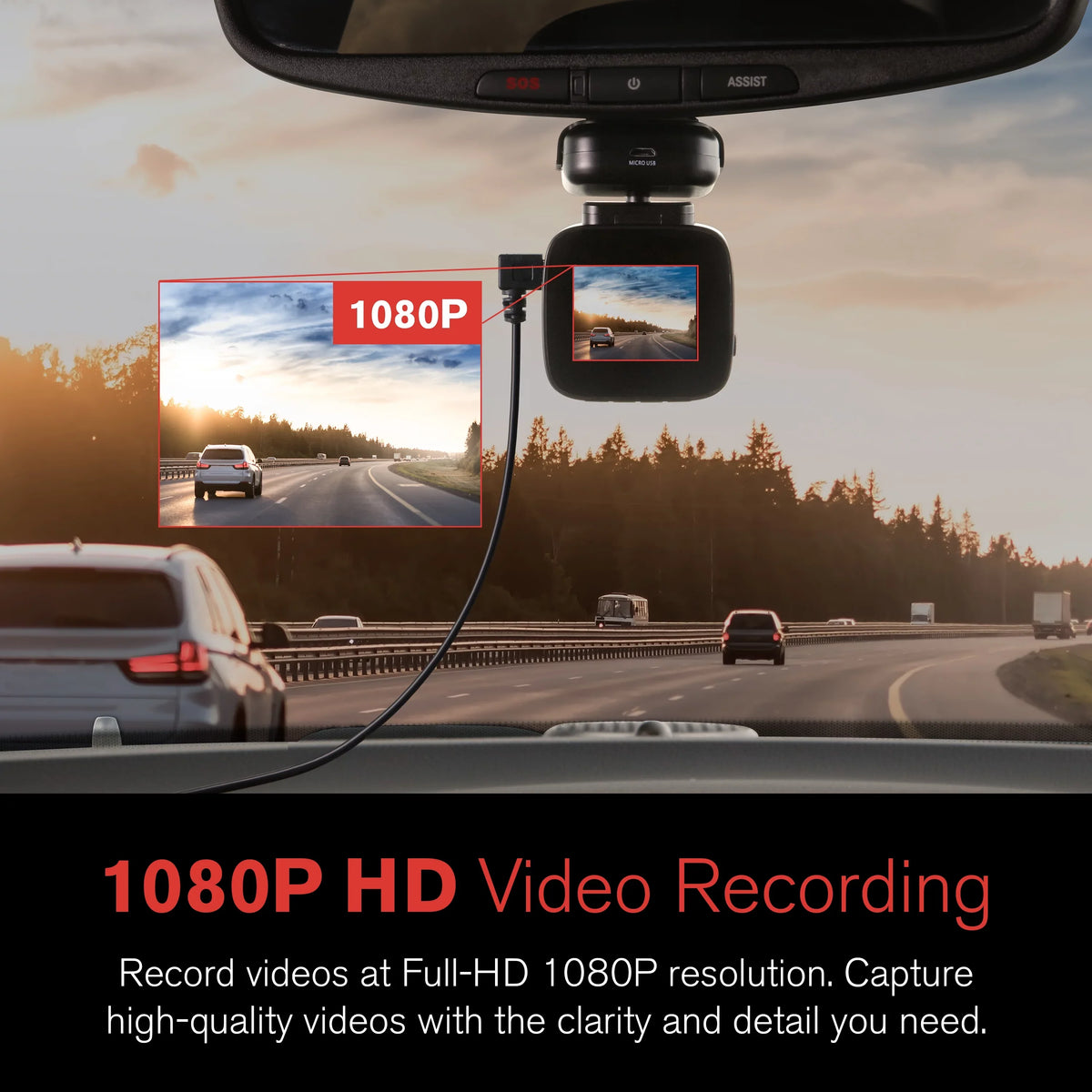 1080p Roadcam with App, 140 Degree Wide Angle Lense, 2.4"  Screen, G-Sensor Technology with Park and Record Mode, Loop Recording