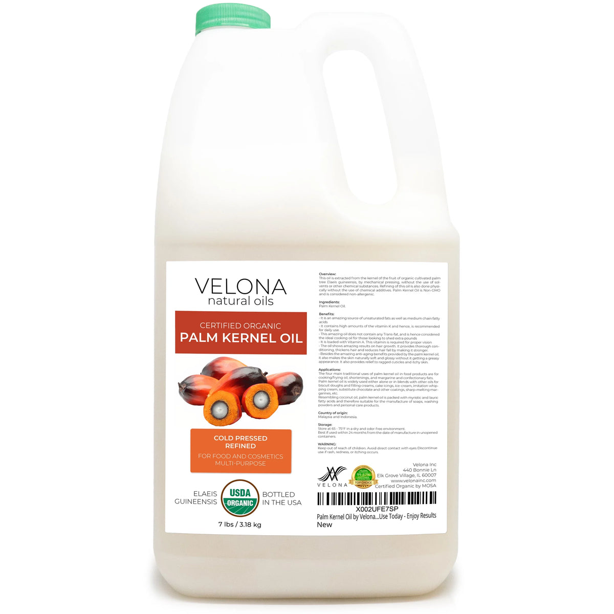 Velona  Certified Organic Palm Kernel Oil - 112 oz | 100% Pure and Natural Carrier Oil | Refined, Cold Pressed | Face, Hair, Body & Skin Care | Use Today - Enjoy Results