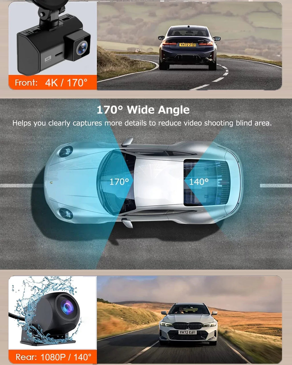 4K Front and Rear Dash Cam for Cars, Dual Dash Cam with  Card, 2 Inch Dash Camera with  , Night Vision, Loop Recording, Parking Mode, Wide Angle, 64GB  Card Included