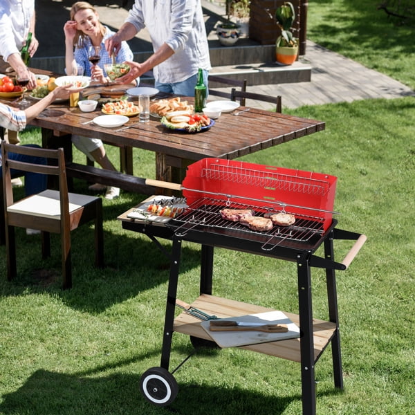 27 Inch Portable Charcoal Grill with Wheels for Outdoor Cooking Barbecue Camping  Coal Grill Heavy Duty Square for Small Patio Backyard