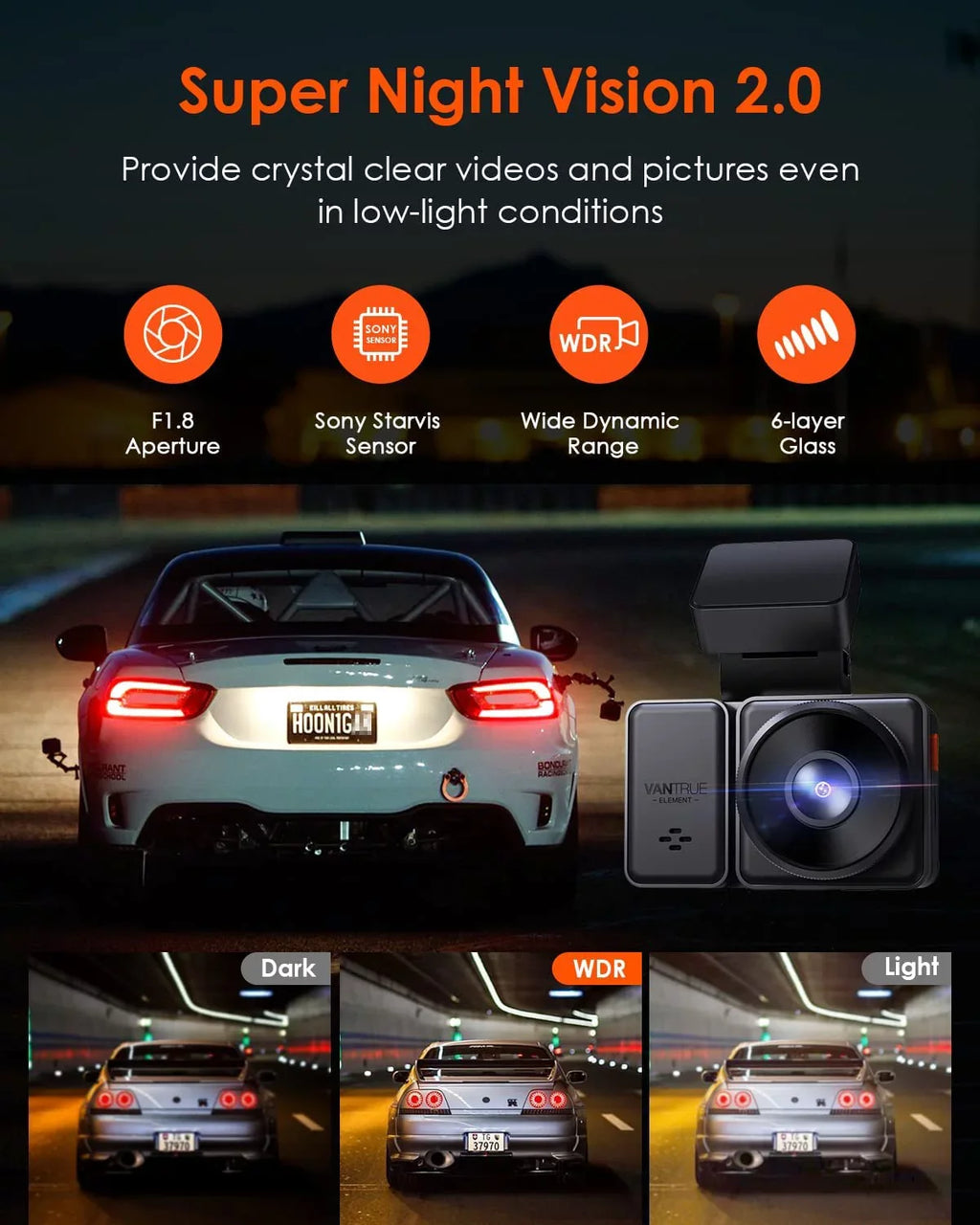 Vantrue E2 Dual 2.5K Front and Rear Dash Cam with 5G WiFi,  & Voice Control, 1944P+1944P Car Camera, 24hrs Buffered Parking Mode, Enhanced Night Vision, Motion Detection, Capacitor, Support 512GB