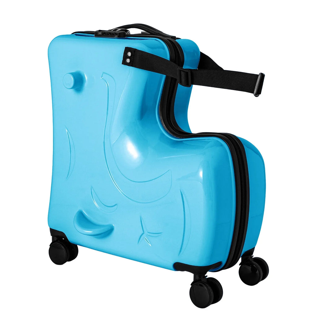 20" Kids Ride On Suitcase, Portable Spinner Wheels Trolley Luggage Blue Horse Shape Kids Travel Suitcase