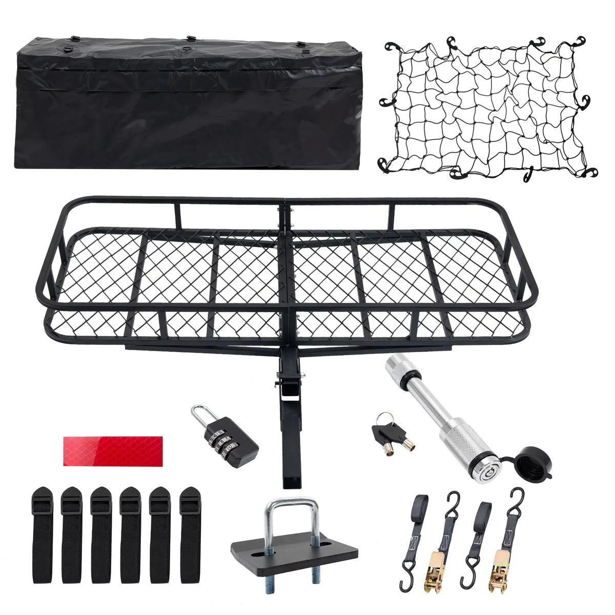 60" x 24" x 6" Hitched Mounted Folding Cargo Basket with Cargo Net, 500lb Capacity for Car  Truck Trailer, Black