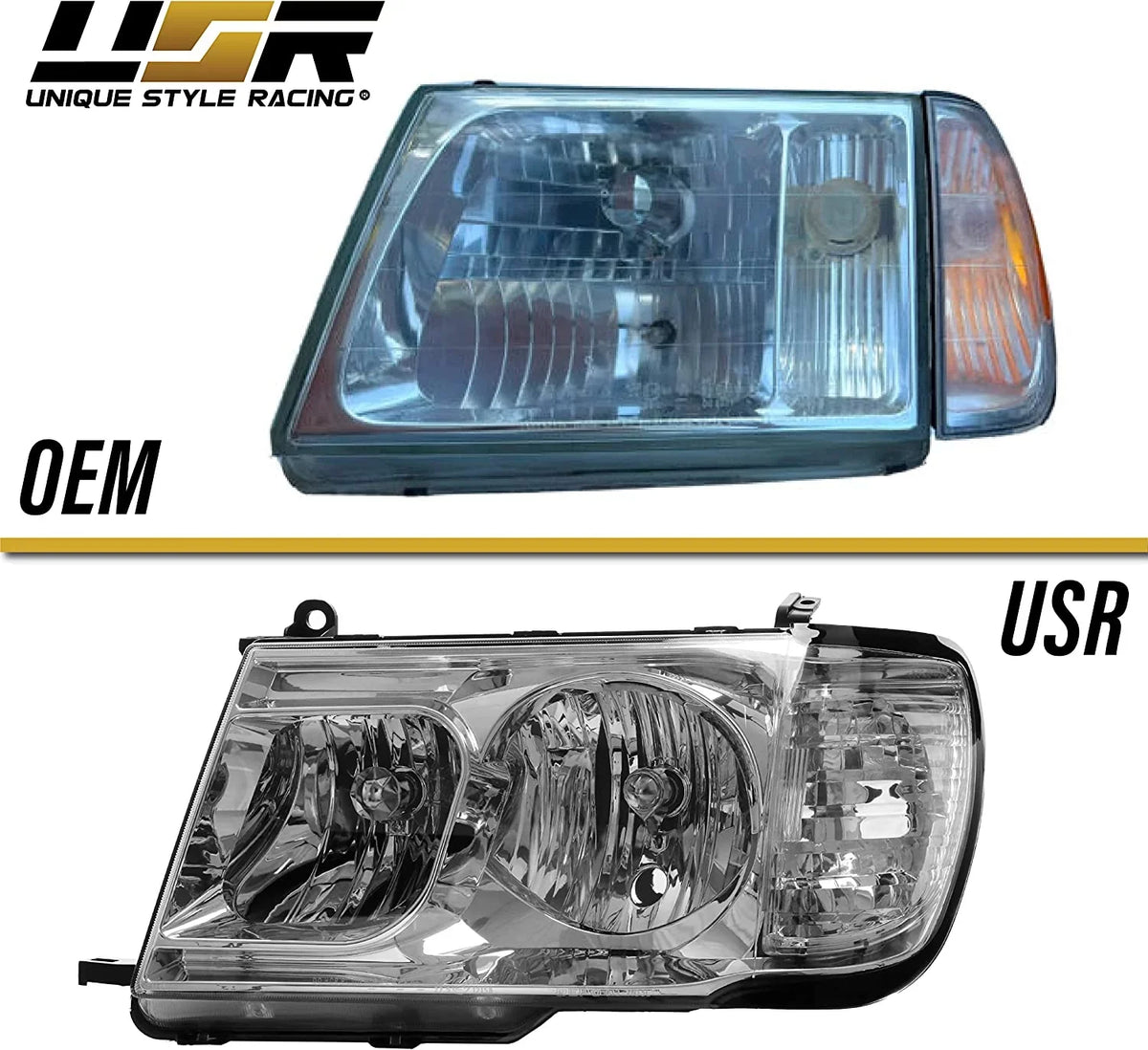 FJ100 Headlights - Headlamps Set (Left + Right) Compatible with 1998-2005 Toyota Land Cruiser  100 (Euro Style with Clear Corner  Piece Design)