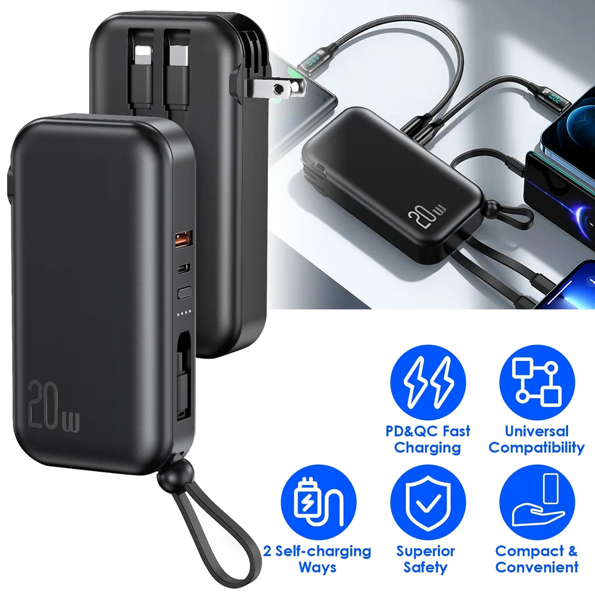 10000mAh iMounTEK Portable Charger 3 Inbuilt CablesType-C//Micro- PD20W QC18W Fast Charging 5 Outputs External Battery Pack Fit For IOSPhone 14 Android