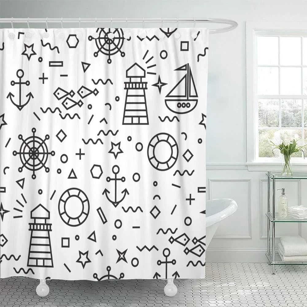Marine in Thin Line Style with Sailboat Anchor Steering Wheel and Lifebuoy Shower Curtain 66x72 inch