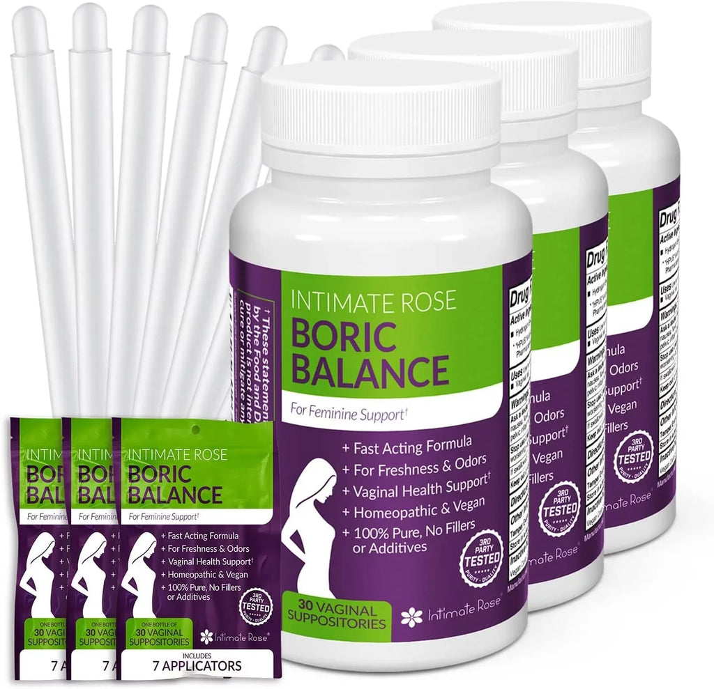 Intimate Rose Boric Acid Suppositories, pH Balance for Women, Boric Acid Vaginal Suppositories for Yeast Infection, Vaginitis, Bacterial Vaginosis, 90-Count (600mg) + 21 Applicators - 100% made in