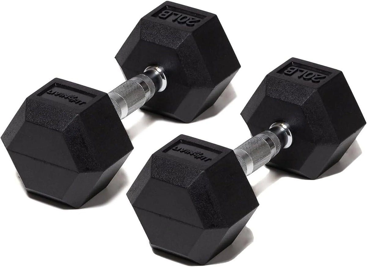 Rubber Encased Hex Dumbbell Hand Weights. Single Dumbbells Or Dumbbell Pairs. 5LB To 100  Dumbbell Sets For Strength Workouts
