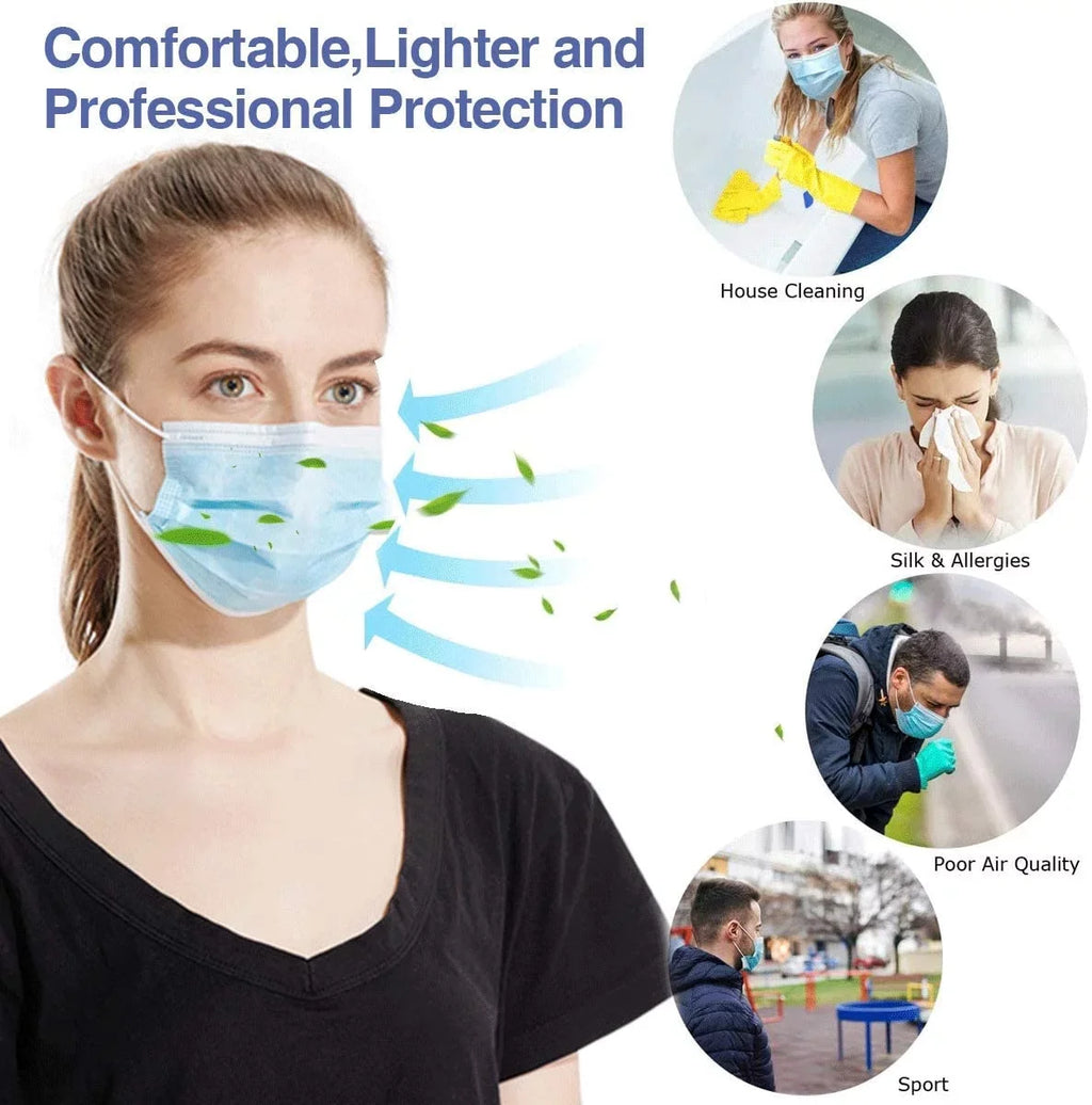 1000Pcs  Made Disposable Face Masks Blue, 3-Ply Breathable Protective Masks