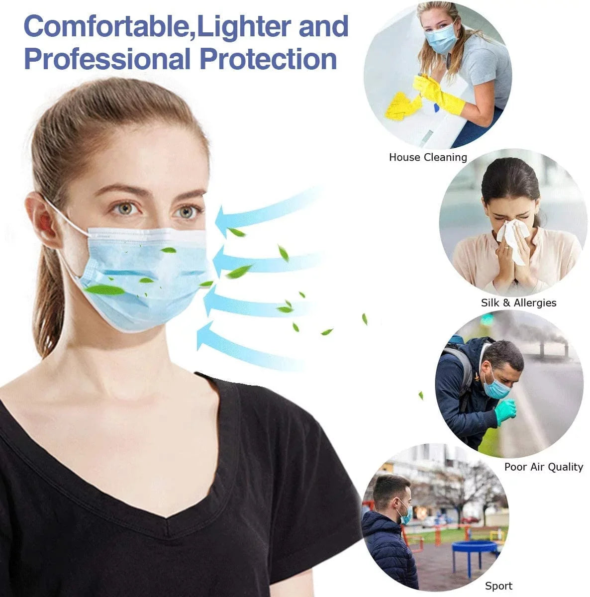 1000Pcs  Made Disposable Face Masks Blue, 3-Ply Breathable Protective Masks