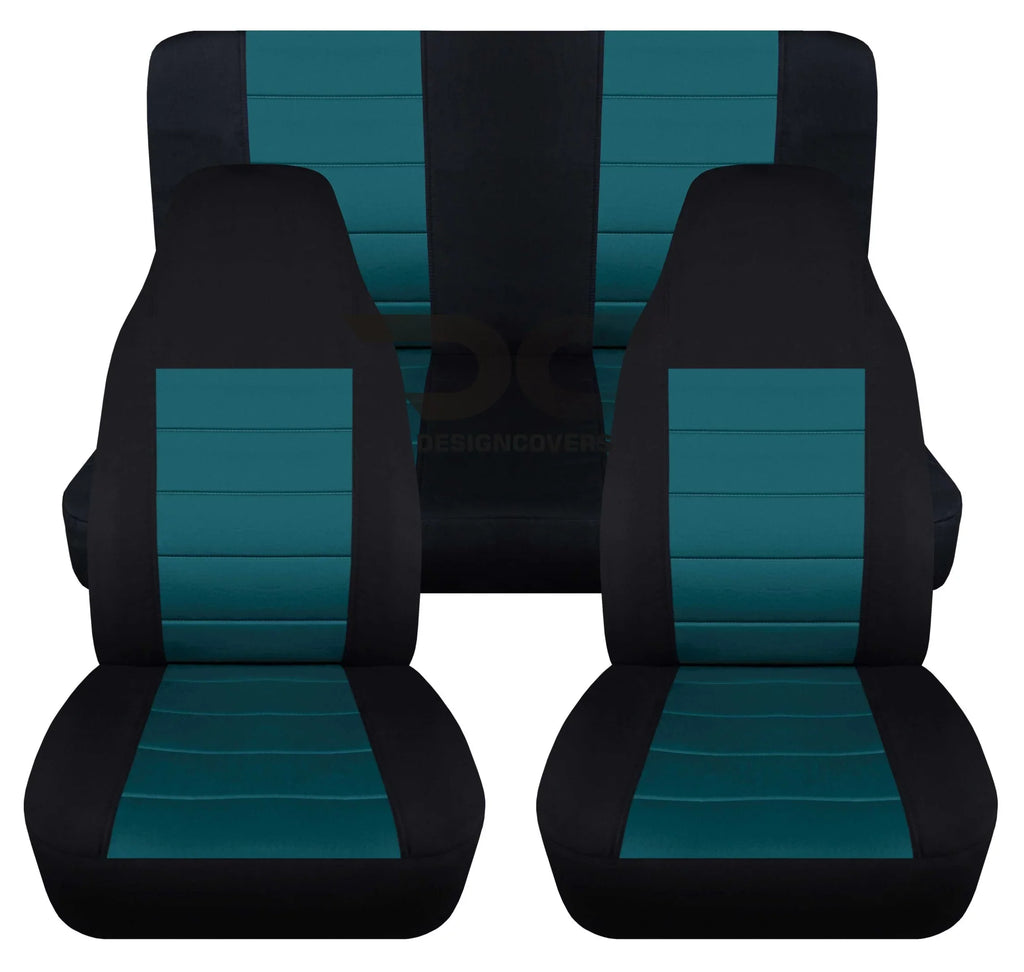 T402-Designcovers Compatible with 2003-2006 Jeep wrangler  2door Seat Covers:Black and Teal- Full Set Front&Rear