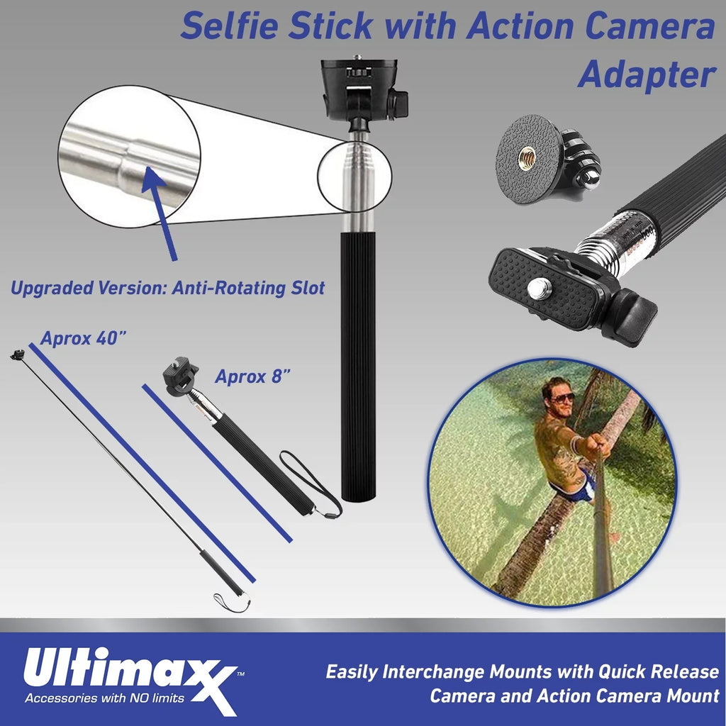 Ultimaxx Essential Accessory Kit for Action Cameras - Includes: Chest Mount, Head Mount, Selfie-Stick & More for Most Action Cameras