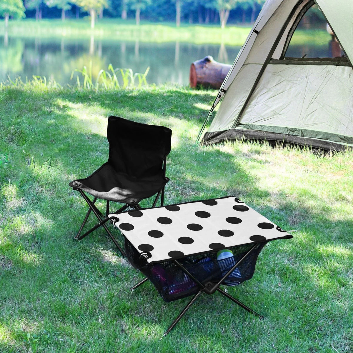 Black Polka Dots Camping Foldable Portable Table Beach Table with Storage Bag Compact Picnic Table for Outdoor Hiking Fishing